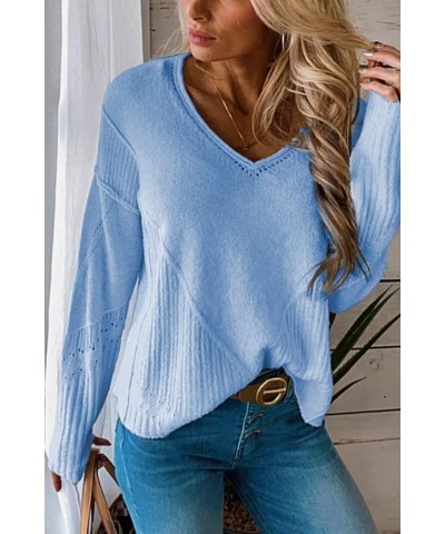 Women's Casual Knitwear Pullover Sweater Soild Color V-Neck Loose Long Sleeve Knit Jumper Tops Light Blue $11.72 Sweaters