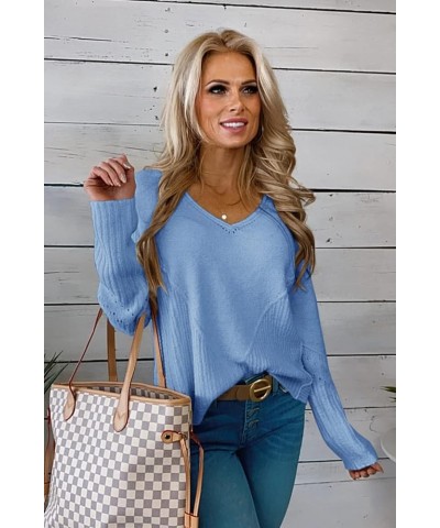 Women's Casual Knitwear Pullover Sweater Soild Color V-Neck Loose Long Sleeve Knit Jumper Tops Light Blue $11.72 Sweaters