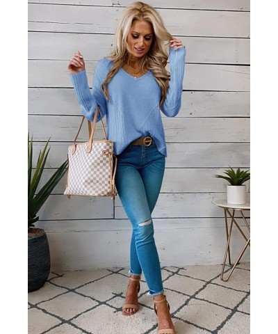 Women's Casual Knitwear Pullover Sweater Soild Color V-Neck Loose Long Sleeve Knit Jumper Tops Light Blue $11.72 Sweaters