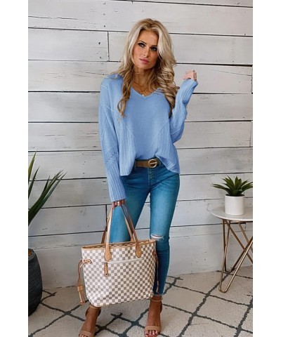 Women's Casual Knitwear Pullover Sweater Soild Color V-Neck Loose Long Sleeve Knit Jumper Tops Light Blue $11.72 Sweaters