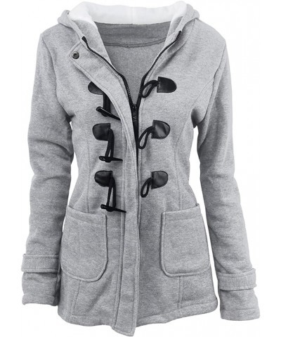 Womens Winter Horn Button Jackets Warm Solid Color Pea Coat Oversized Zipper Hooded Outwear Light Grey $16.11 Jackets