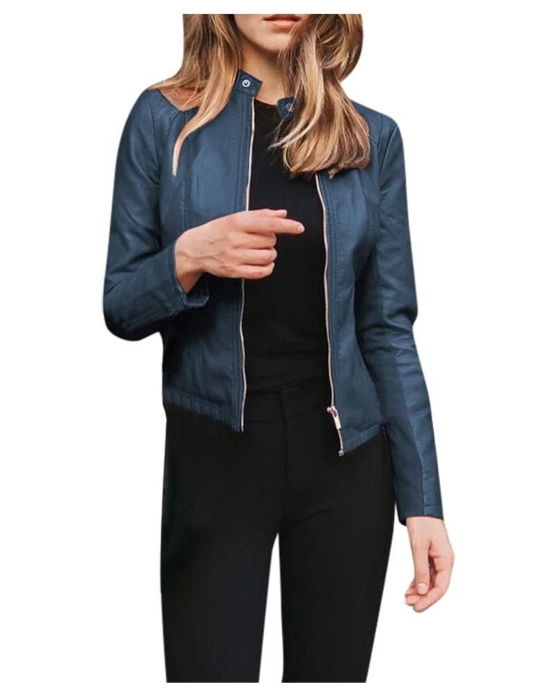 Women's Fashion Faux Leather Jackets Long Sleeve Motorcycle Jacket Solid Color Zip Up Coat Lightweight Fall Tops Light Blue $...