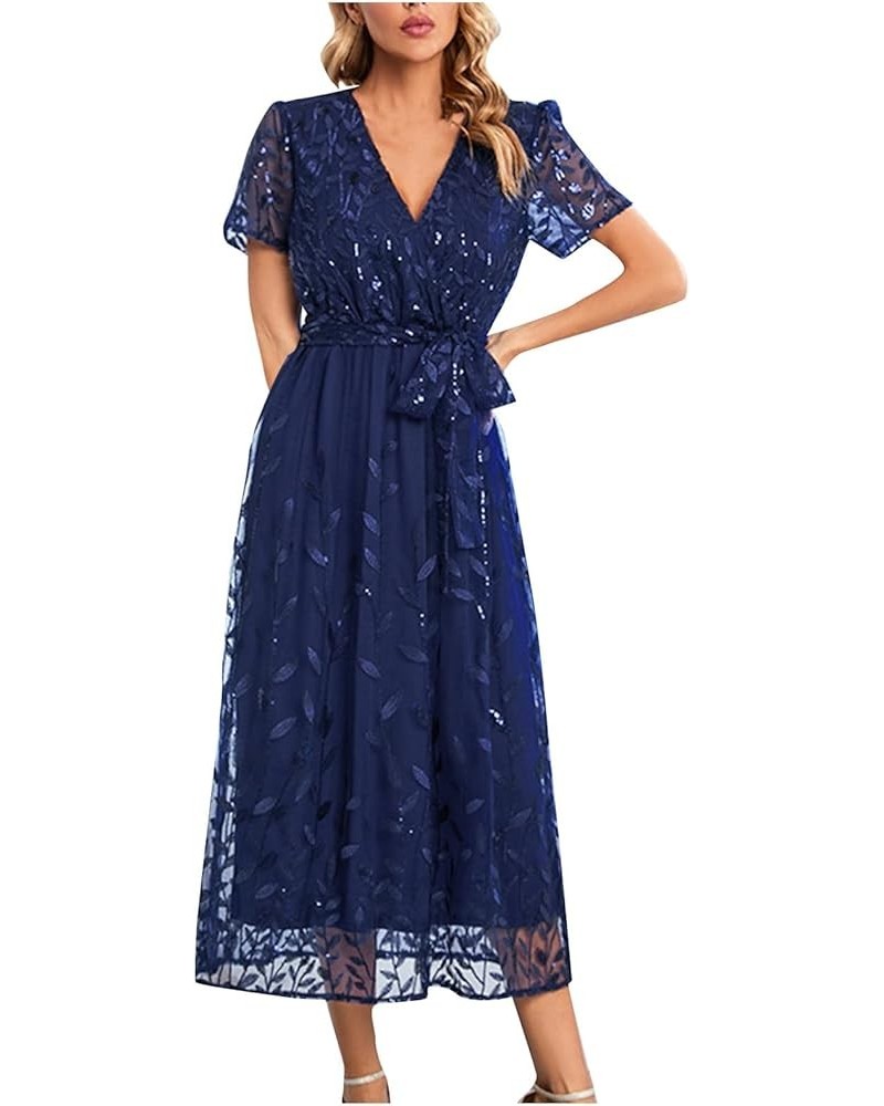 Womens Summer Dresses Formal Tiered Flowy Dress Elegant Print Sequin Maxi Dress Sexy V Neck Short Sleeve Long Dress 01-blue $...