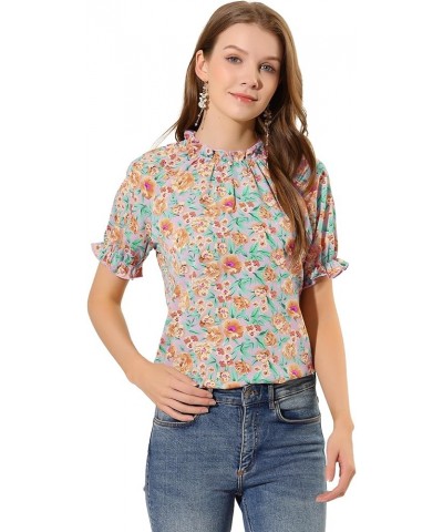 Women's Ruffled Short Sleeve Floral Mock Neck Ruffle Tops Blouses Purple-floral $10.71 Blouses