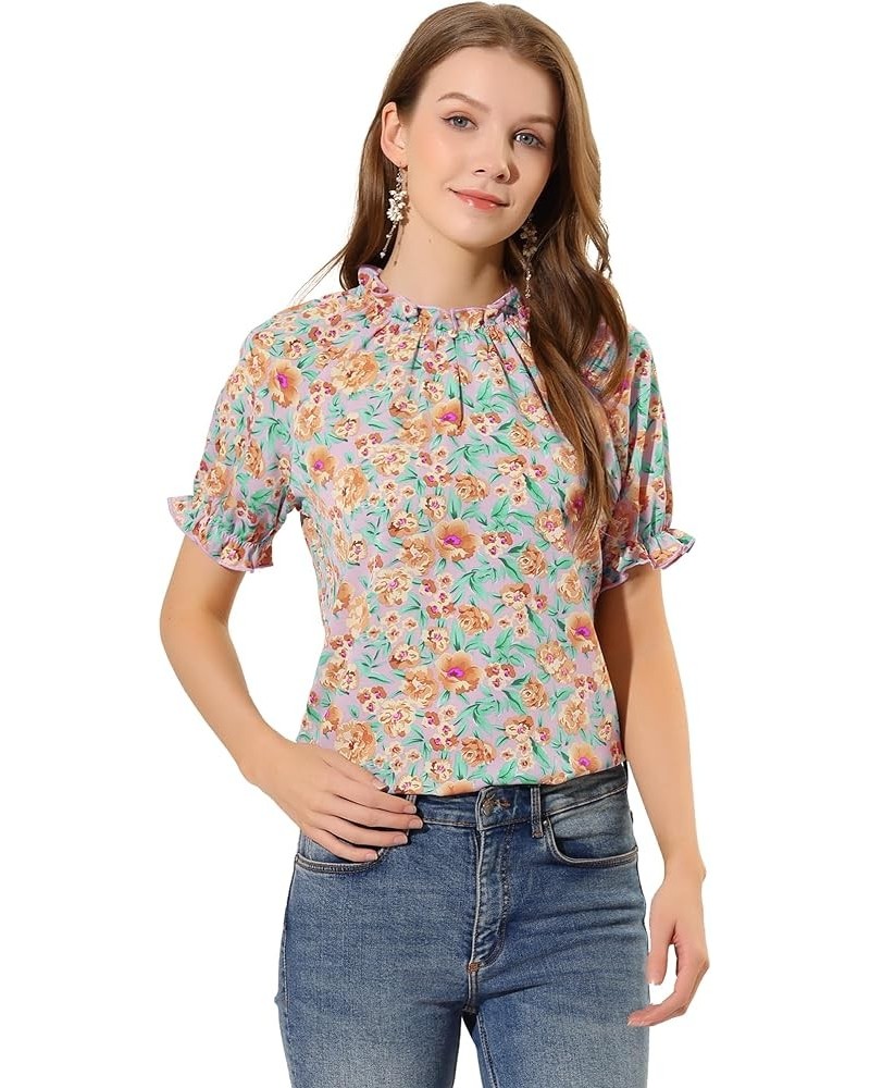 Women's Ruffled Short Sleeve Floral Mock Neck Ruffle Tops Blouses Purple-floral $10.71 Blouses