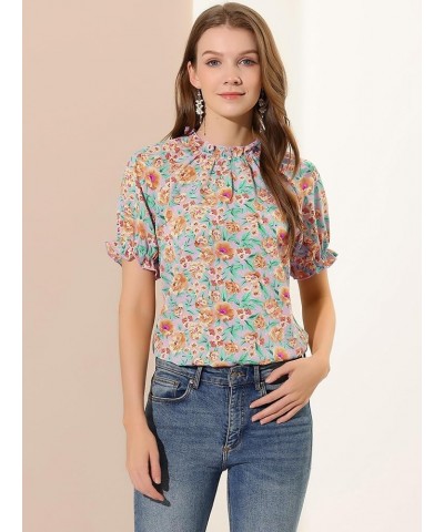 Women's Ruffled Short Sleeve Floral Mock Neck Ruffle Tops Blouses Purple-floral $10.71 Blouses