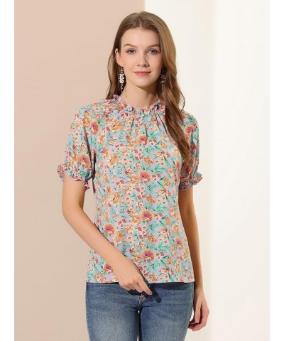 Women's Ruffled Short Sleeve Floral Mock Neck Ruffle Tops Blouses Purple-floral $10.71 Blouses