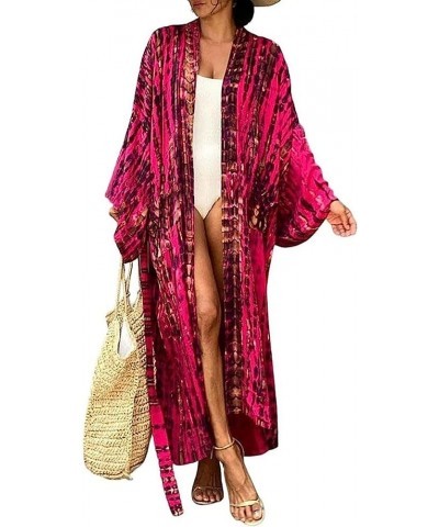 Women Casual Long Open Front Loose Lightweight Cardigan with Belt Kimono Cover Up D05-rose Red $9.71 Swimsuits