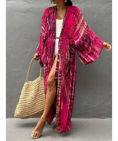 Women Casual Long Open Front Loose Lightweight Cardigan with Belt Kimono Cover Up D05-rose Red $9.71 Swimsuits