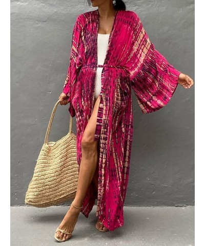 Women Casual Long Open Front Loose Lightweight Cardigan with Belt Kimono Cover Up D05-rose Red $9.71 Swimsuits