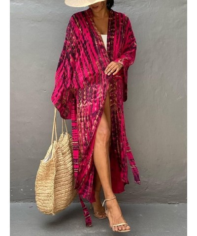 Women Casual Long Open Front Loose Lightweight Cardigan with Belt Kimono Cover Up D05-rose Red $9.71 Swimsuits