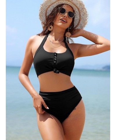 Women Two Piece Halter Bikini High Waisted Knotted Swimsuit with Button Tummy Control Swimwear 0-black $17.84 Swimsuits