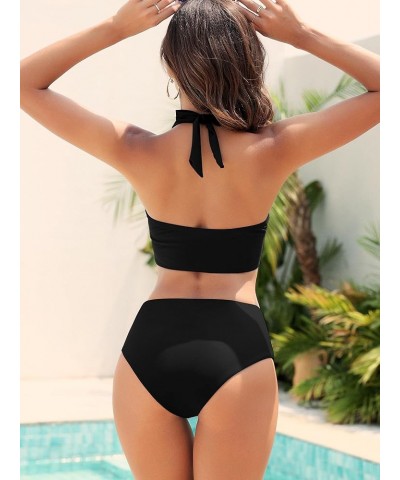 Women Two Piece Halter Bikini High Waisted Knotted Swimsuit with Button Tummy Control Swimwear 0-black $17.84 Swimsuits