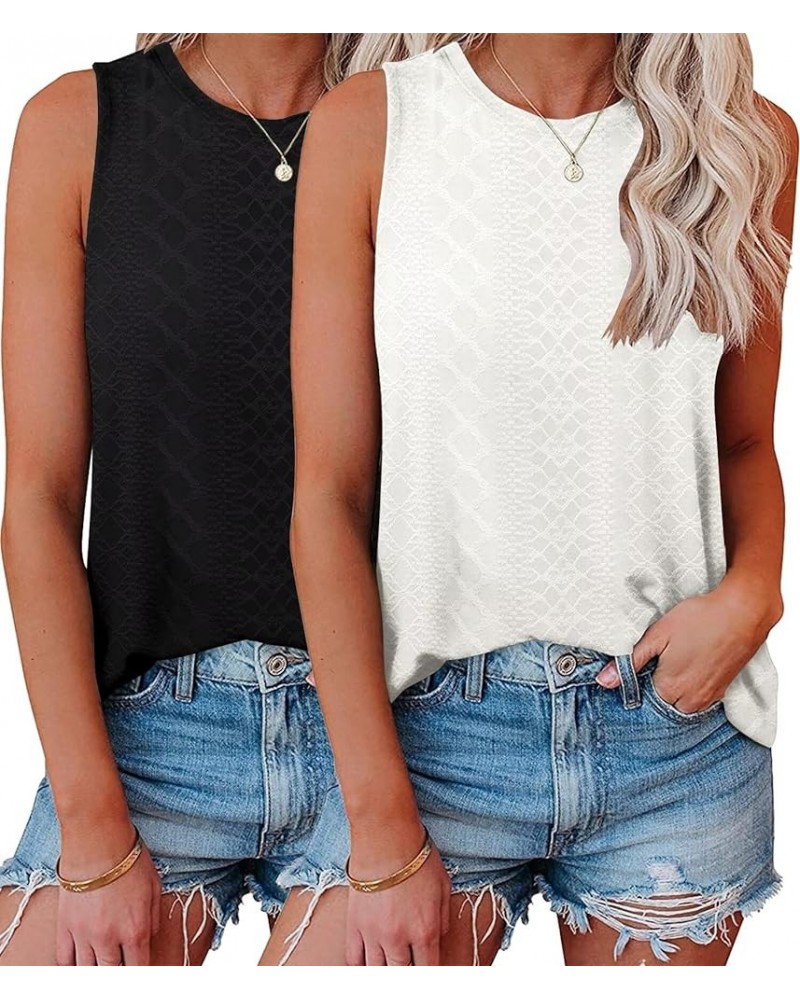 2 Pack Womens Embroidery Tank Tops Crewneck Sleeveless Summer Tops Loose Fit Basic Casual Shirts 2024 Fashion Clothes Black+w...