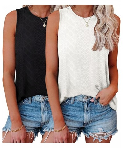 2 Pack Womens Embroidery Tank Tops Crewneck Sleeveless Summer Tops Loose Fit Basic Casual Shirts 2024 Fashion Clothes Black+w...