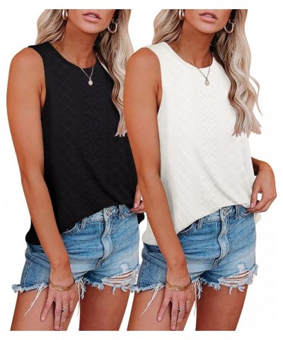 2 Pack Womens Embroidery Tank Tops Crewneck Sleeveless Summer Tops Loose Fit Basic Casual Shirts 2024 Fashion Clothes Black+w...