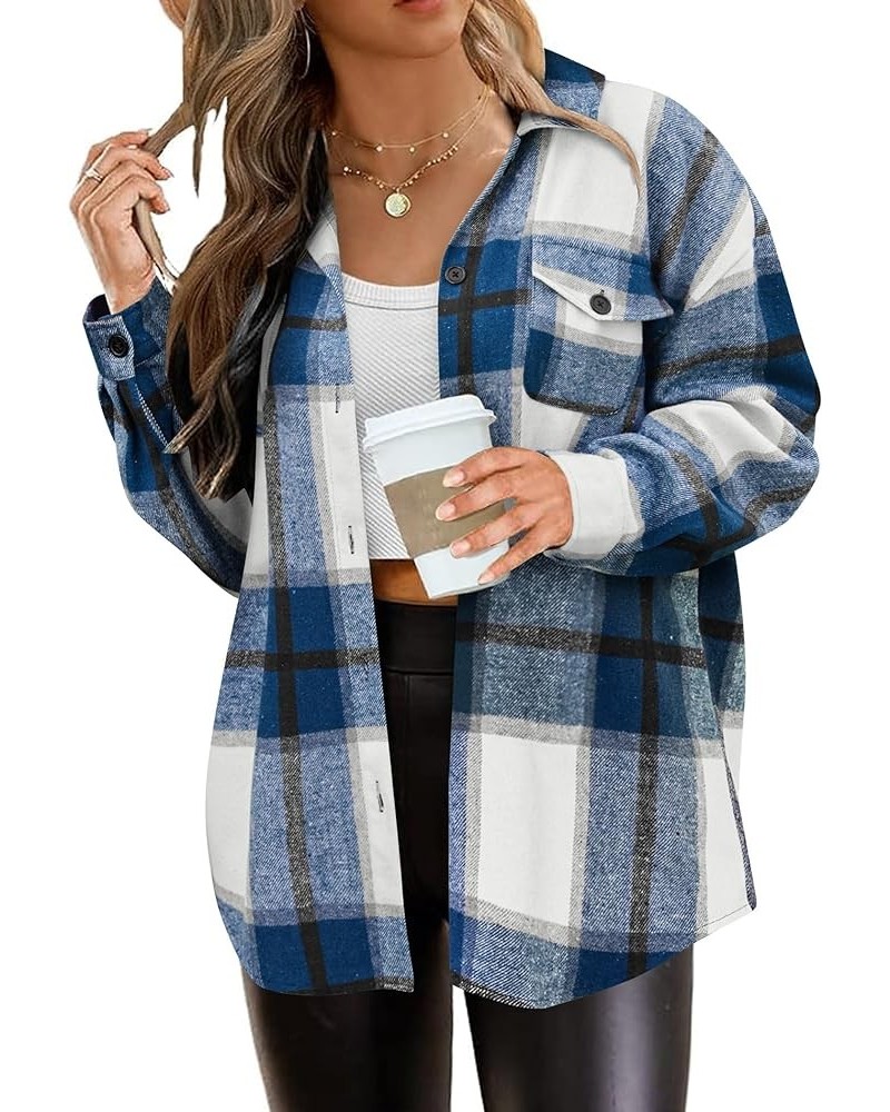 Women's Plus Size Flannel Plaid Shacket Button Down Long Sleeve Flannel Shirts Casual Lapel Fall Jacket Blue $21.99 Blouses