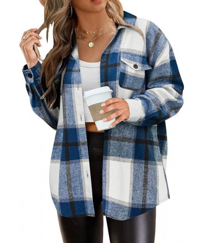 Women's Plus Size Flannel Plaid Shacket Button Down Long Sleeve Flannel Shirts Casual Lapel Fall Jacket Blue $21.99 Blouses