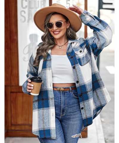 Women's Plus Size Flannel Plaid Shacket Button Down Long Sleeve Flannel Shirts Casual Lapel Fall Jacket Blue $21.99 Blouses