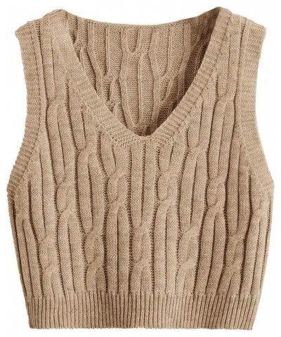 Women's V Neck Sleeveless Cable Knitted Crop Tank Top Sweater Vest Mocha Brown $12.09 Sweaters