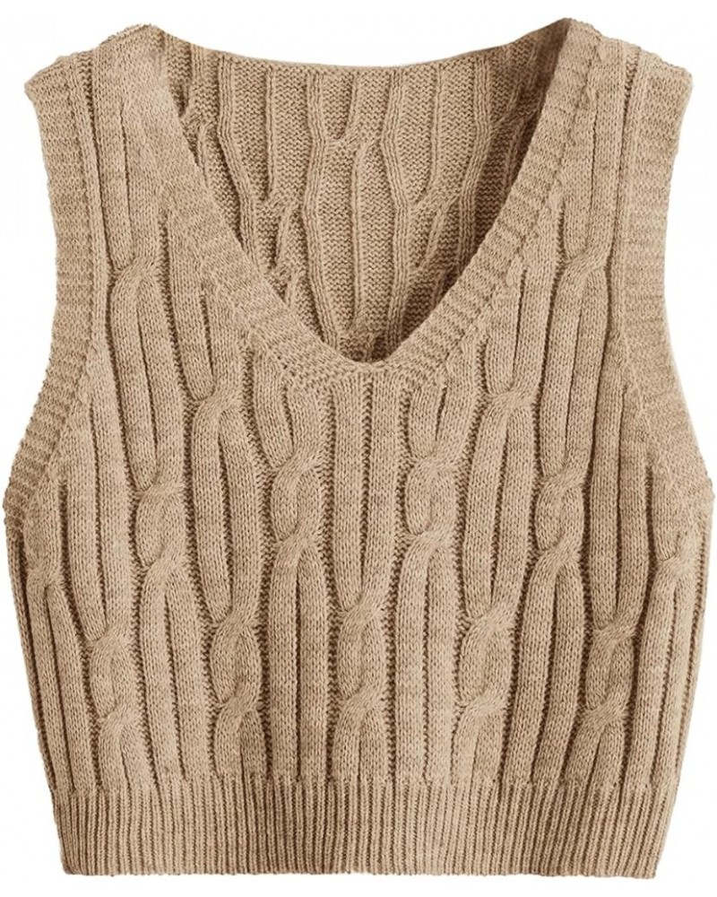 Women's V Neck Sleeveless Cable Knitted Crop Tank Top Sweater Vest Mocha Brown $12.09 Sweaters