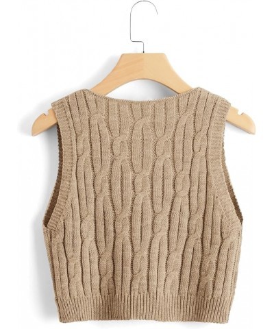 Women's V Neck Sleeveless Cable Knitted Crop Tank Top Sweater Vest Mocha Brown $12.09 Sweaters