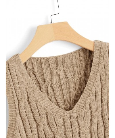 Women's V Neck Sleeveless Cable Knitted Crop Tank Top Sweater Vest Mocha Brown $12.09 Sweaters