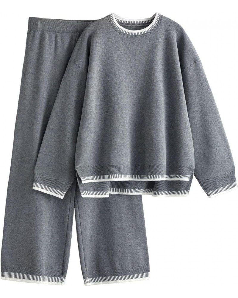 Women's 2 Piece Outfits Sweater Sets Knitted Pullover Tops Wide Leg Tracksuits Lounge Sets Grey $24.99 Activewear