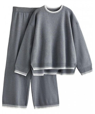 Women's 2 Piece Outfits Sweater Sets Knitted Pullover Tops Wide Leg Tracksuits Lounge Sets Grey $24.99 Activewear