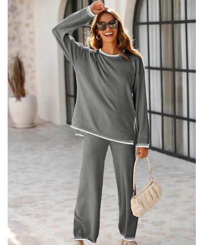 Women's 2 Piece Outfits Sweater Sets Knitted Pullover Tops Wide Leg Tracksuits Lounge Sets Grey $24.99 Activewear