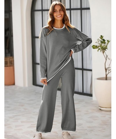 Women's 2 Piece Outfits Sweater Sets Knitted Pullover Tops Wide Leg Tracksuits Lounge Sets Grey $24.99 Activewear