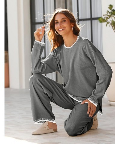 Women's 2 Piece Outfits Sweater Sets Knitted Pullover Tops Wide Leg Tracksuits Lounge Sets Grey $24.99 Activewear