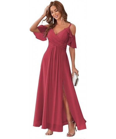 Women's Cold Shoulder Chiffon Bridesmaids Dresses with Slit Long Formal Party Dress for Junior CYM058 Desert Rose $24.30 Dresses