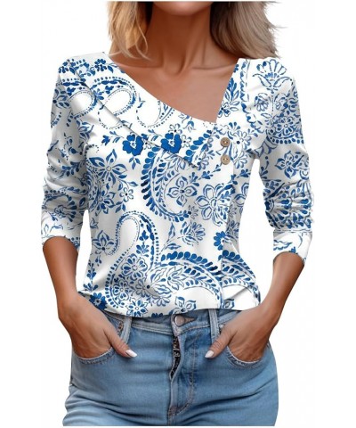 Womens Long Sleeve Shirts Asymmetric Lapel Neck Floral Print Button Blouse Clothing Fall 2023 V Neck Tunic Tops O25-light Blu...