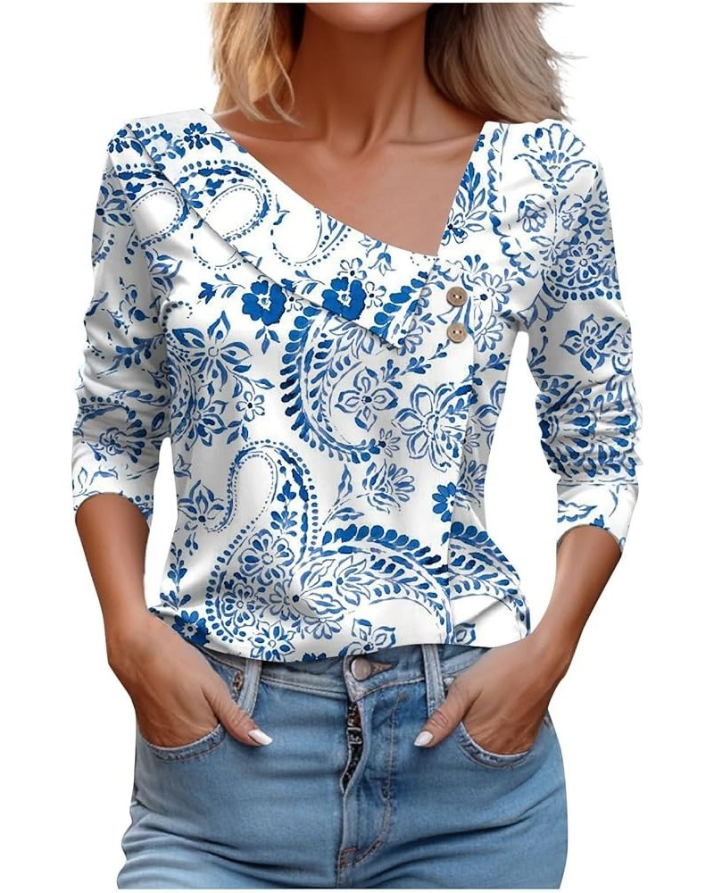 Womens Long Sleeve Shirts Asymmetric Lapel Neck Floral Print Button Blouse Clothing Fall 2023 V Neck Tunic Tops O25-light Blu...