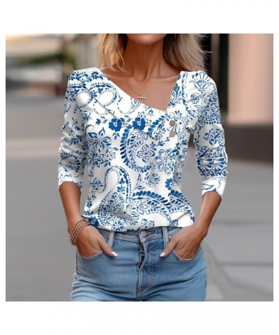 Womens Long Sleeve Shirts Asymmetric Lapel Neck Floral Print Button Blouse Clothing Fall 2023 V Neck Tunic Tops O25-light Blu...