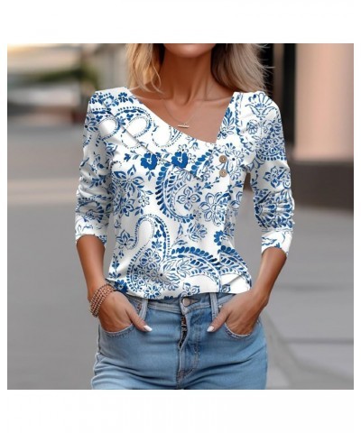 Womens Long Sleeve Shirts Asymmetric Lapel Neck Floral Print Button Blouse Clothing Fall 2023 V Neck Tunic Tops O25-light Blu...