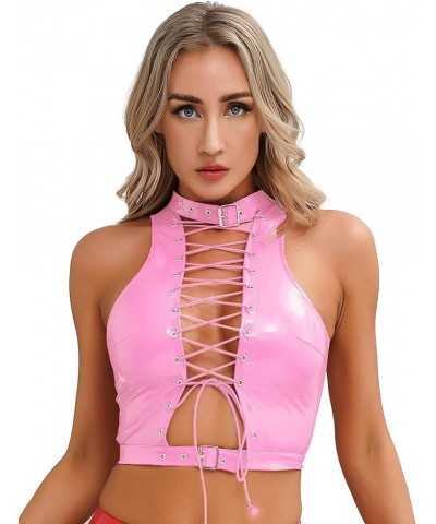 Women's Faux Leather Crop Tank Top Hollow Out Lace Up Tie Crisscross Front Sleeveless Tops Pink a $7.91 Vests