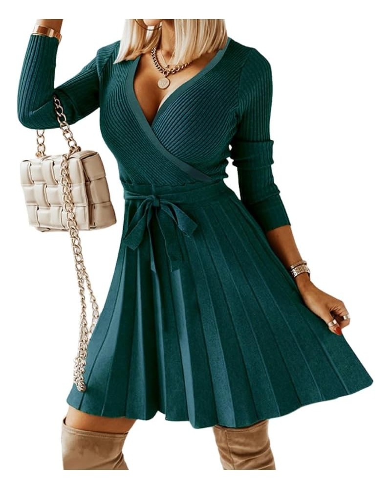 Women's V Neck Knit Sweater Short Dress Dark Green $37.50 Sweaters