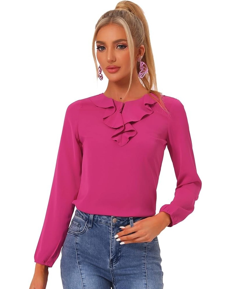 Women's Ruffle Neck Chiffon Top Long Sleeve Vintage Work Office Blouse Fushcia-solid $16.81 Blouses