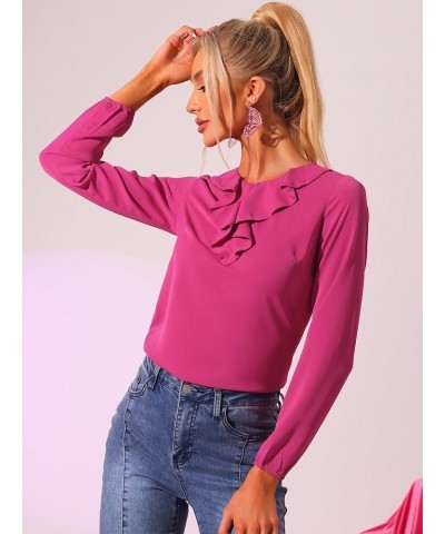 Women's Ruffle Neck Chiffon Top Long Sleeve Vintage Work Office Blouse Fushcia-solid $16.81 Blouses