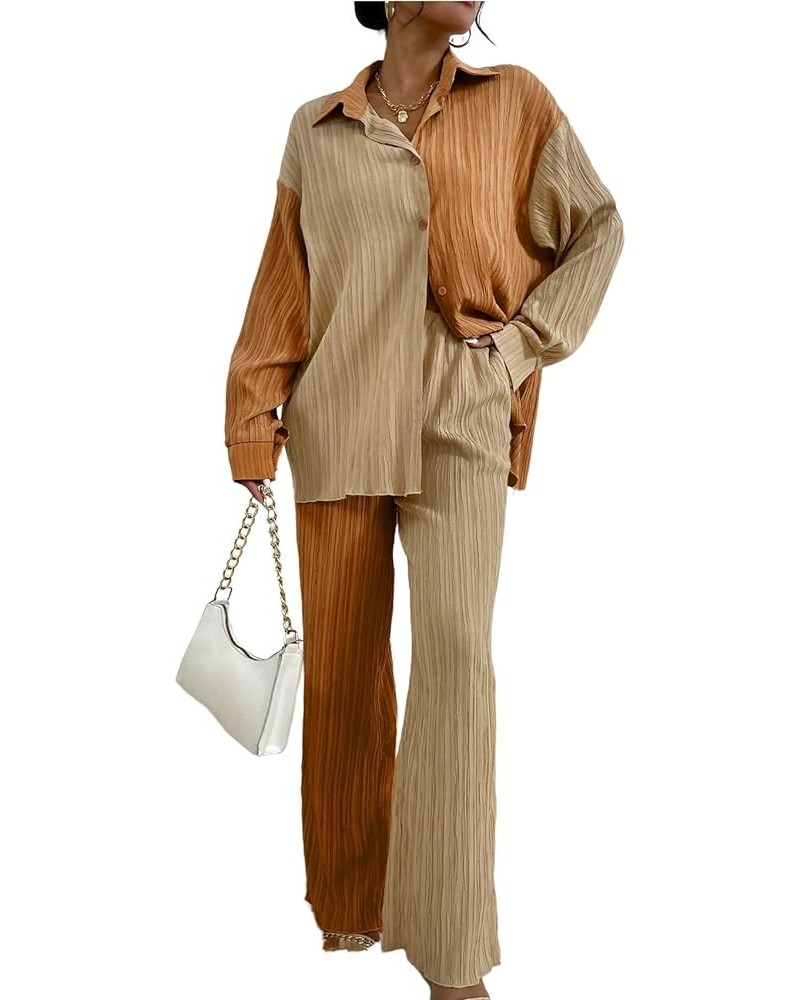 Women's 2 Piece Outfits Slit Hem Longline Blouse and Wide Leg Pants Set Khaki and Brown $29.69 Jumpsuits