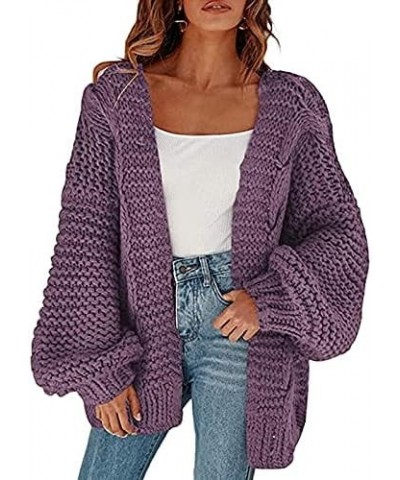 Women's Cable Open Front Chunky Knit Cardigan Lantern Sleeve Oversize Cardigans Outwear Knit Coats Purple $22.22 Sweaters