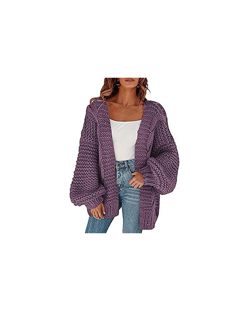 Women's Cable Open Front Chunky Knit Cardigan Lantern Sleeve Oversize Cardigans Outwear Knit Coats Purple $22.22 Sweaters