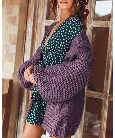 Women's Cable Open Front Chunky Knit Cardigan Lantern Sleeve Oversize Cardigans Outwear Knit Coats Purple $22.22 Sweaters