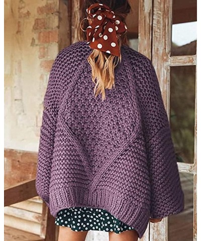 Women's Cable Open Front Chunky Knit Cardigan Lantern Sleeve Oversize Cardigans Outwear Knit Coats Purple $22.22 Sweaters