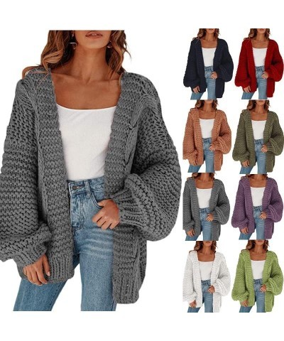 Women's Cable Open Front Chunky Knit Cardigan Lantern Sleeve Oversize Cardigans Outwear Knit Coats Purple $22.22 Sweaters