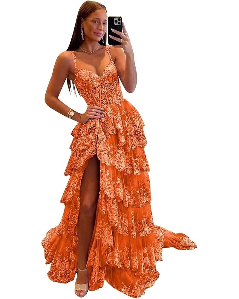 Sparkly Tiered Tulle Prom Dresses for Women 2024 Off Shoulder Corset Lace Long Formal Evening Gowns with Slit Orange $52.24 D...