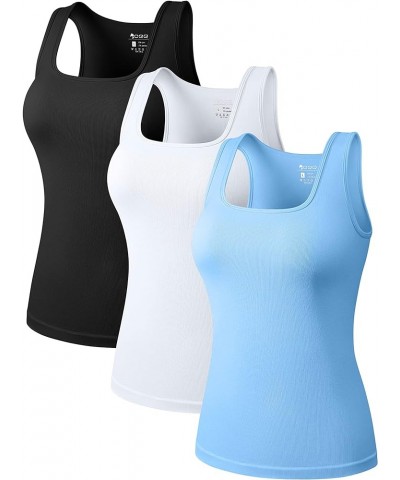 Women's 3 Piece Tops Square Neck Stretch Fitted Layer Tee Shirts Sleeveless Tank Tops Black,white,candyblue $23.39 Activewear