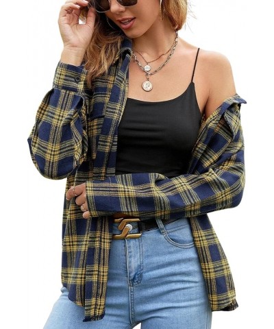 Womens Flannel Shirts Long/Roll Up Sleeve Collared Button Down Plaid Shirt Casual Work Tops S-4XL Z-green Yellow $12.00 Blouses